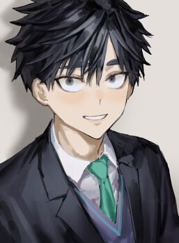 1boy absurdres black_eyes black_hair black_jacket chamuring collared_shirt goh_haejoon green_necktie grin hashtag-only_commentary highres jacket looking_at_viewer male_focus necktie no_home_(manhwa) shirt short_hair simple_background smile solo upper_body white_shirt