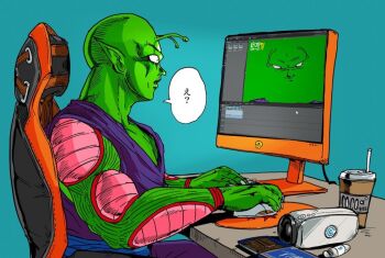 1boy antennae chair colored_skin confused cup disposable_cup dragon_ball gaming_chair green_screen green_skin male_focus megakun monitor computer_mouse namekian piccolo swivel_chair webcam you're_doing_it_wrong