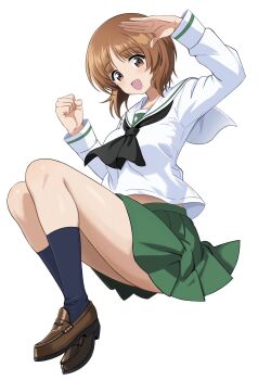 1girl black_sailor_collar blush brown_eyes brown_hair brown_shoes girls_und_panzer green_skirt highres looking_at_viewer nishizumi_miho ooarai_school_uniform open_mouth sailor_collar school_uniform shirt shoes short_hair simple_background sitting skirt socks solo white_background white_shirt zaofeng