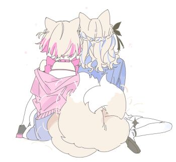 2girls animal_ears blonde_hair blue_camisole blue_streaks camisole collar dog_ears dog_girl dog_tail frilled_camisole frills from_behind fuwawa_abyssgard fuwawa_abyssgard_(casual) hololive hololive_english intertwined_tails jacket long_hair mococo_abyssgard mococo_abyssgard_(casual) multiple_girls pink_collar pink_jacket pink_streaks short_hair siblings sisters sitting stemiomio tail twins virtual_youtuber white_background