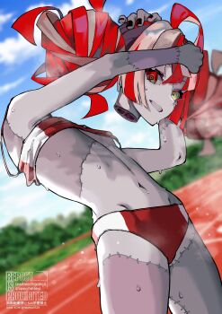 1girl absurdres black_nails buruma colored_skin disembodied_head double_bun grey_skin grin hair_bun heterochromia highres holding_detached_head hololive hololive_indonesia kureiji_ollie multicolored_hair navel nkonya patchwork_clothes red_buruma red_eyes red_hair smile solo sports_bra steaming_body stitches streaked_hair sweat track_and_field virtual_youtuber white_hair yellow_eyes