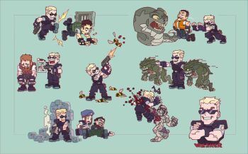 albert_wesker barry_burton beard bee beret blonde_hair blood blue_hat brown_hair bug chris_redfield claws deformed facial_hair firing green_background grin gun handgun hat highres hunter_(resident_evil) impaled insect jill_valentine resident_evil resident_evil_1 simple_background smile smoke smoking_barrel sunglasses tyrant_(resident_evil) vitaliy_shushko weapon