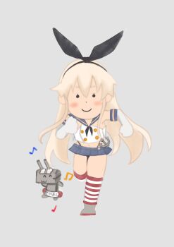 1girl anchor_hair_ornament black_hairband black_neckerchief black_panties blonde_hair blue_sailor_collar blue_skirt chakoru crop_top elbow_gloves gloves grey_background hair_ornament hairband highleg highleg_panties highres kantai_collection long_hair microskirt mifune_takashi_(style) miniskirt neckerchief panties parody pleated_skirt rensouhou-chan running sailor_collar shimakaze_(kancolle) shirt simple_background skirt sleeveless sleeveless_shirt solid_circle_eyes striped_clothes striped_thighhighs style_parody thighhighs underwear white_gloves