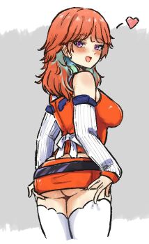 1girl aqua_hair ass ass_focus ass_support blush detached_sleeves earrings feather_earrings feathers from_behind gluteal_fold grabbing_own_ass gradient_hair heart hololive hololive_english jewelry long_hair looking_back miniskirt multicolored_hair open_mouth orange_hair orange_shirt penguin_stamp purple_eyes shirt skirt solo takanashi_kiara takanashi_kiara_(1st_costume) thighhighs underbutt virtual_youtuber white_sleeves white_thighhighs