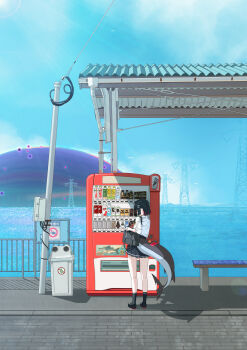 Rule 34 | 1girl, absurdres, bag, bench, bird, black hair, black skirt, black socks, blue sky, bottle, commentary, day, ellen joe, ellen joe (on campus), fins, fish tail, from behind, hair ornament, hairclip, highres, hollow (zenless zone zero), midfinger, ocean, outdoors, pleated skirt, power lines, scenery, shadow, shark tail, shirt, shoes, short hair, sign, skirt, sky, socks, solo, standing, tail, transmission tower, untranslatable commentary, vending machine, water, white shirt, zenless zone zero