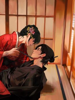 Rule 34 | 1boy, 1girl, architecture, artist name, black hair, black kimono, closed mouth, commentary, east asian architecture, english commentary, eren yeager, facial scar, flower, folding fan, hair between eyes, hair bun, hair flower, hair ornament, hair stick, hand fan, hetero, highres, holding, holding fan, indoors, japanese clothes, kimono, light smile, looking at another, medium hair, mikasa ackerman, parted bangs, parted lips, red kimono, scar, scar on cheek, scar on face, shingeki no kyojin, sumiensp, tattoo, updo, wrist tattoo