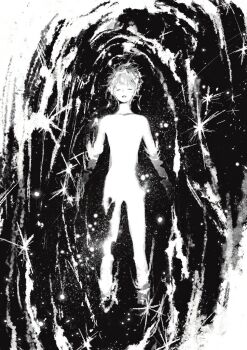 1boy black_background closed_eyes collarbone commentary_request completely_nude expressionless floating_on_back full_body greyscale hair_spread_out korean_commentary lying male_focus monochrome no_nipples no_penis nude on_back original parted_lips partially_submerged ripples sae_sae short_hair solo space sparkle