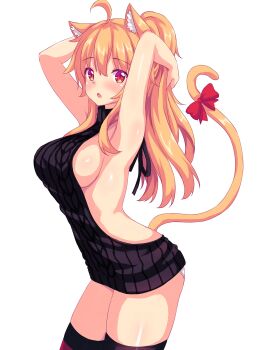 1girl ahoge animal_ear_fluff animal_ears arched_back armpits arms_behind_head arms_up artist_self-insert backless_outfit black_sweater black_thighhighs blonde_hair blush bow breasts cat_ears cat_tail female_focus highres kemonomimi_mode large_breasts long_hair looking_at_viewer nearly_naked_sweater no_bra nottytiffy original panties panty_peek ponytail red_bow red_eyes ribbed_sweater sideboob simple_background solo standing sweater tail tail_bow tail_ornament tareme thighhighs thighs tiffy_(nottytiffy) underwear virgin_killer_sweater white_background white_panties