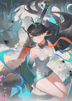 Rule 34 | 1girl, arknights, black hair, dragon girl, dragon horns, dragon tail, drowzzi, dusk (arknights), earrings, eastern dragon tail, green horns, hair over one eye, highres, horns, jewelry, long hair, pointy ears, red eyes, solo, tail, tassel, tassel earrings