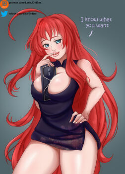 1girl absurdres ahoge bare_arms bare_shoulders between_breasts blue_eyes blush breasts cleavage cowboy_shot curvy demon demon_girl dress dress_shirt female_focus finger_to_mouth game gradient_background graphics_card high_school_dxd highres ladyendsm large_breasts long_hair looking_back microdress open_mouth red_hair rias_gremory shirt simple_background smile standing thick_lips thighs very_long_hair wide_hips