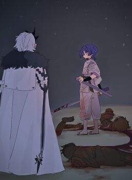 Rule 34 | 2boys, aiguillette, armor, black sash, blood, blood on clothes, bloody weapon, blunt ends, bow, closed mouth, clothing cutout, coat, dated, decapitation, disembodied hand, disembodied head, facing another, fatui coat, fur-trimmed coat, fur collar, fur trim, genshin impact, highres, holding, holding sword, holding weapon, japanese armor, japanese clothes, kariginu, katana, kote, kurokote, layered sleeves, looking at another, multiple boys, night, pants, pelvic curtain, pierro (genshin impact), purple eyes, purple hair, purple sleeves, sandals, sash, scaramouche (genshin impact), scaramouche (kabukimono) (genshin impact), shoulder cutout, sky, sleeves rolled up, star (sky), starry sky, sword, umigasa, unsheathed, weapon, white bow, white coat, white hair, white pants, white sleeves, winter clothes, winter coat