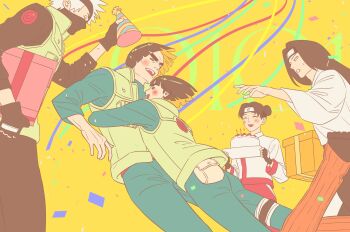 Rule 34 | 1girl, 4boys, absurdres, black gloves, black hair, black headband, black mask, black pants, black shirt, blunt bangs, blunt ends, blush, bodysuit, bowl cut, box, cake, closed eyes, commentary, confetti, dated, double bun, fingerless gloves, flak jacket, food, gift, gift box, gloves, green bodysuit, green vest, hair bun, happy birthday, hat, hatake kakashi, headband, highres, holding, holding cake, holding food, holding gift, holding unworn clothes, holding unworn hat, hug, hyuuga neji, jacket, konohagakure shinobi uniform, long hair, m0 mo momo, male focus, mask, might guy, mouth mask, multiple boys, naruto (series), naruto shippuuden, new year, open mouth, pants, parted bangs, party hat, rock lee, shirt, short hair, smile, sweatdrop, untranslatable commentary, tenten (naruto), thick eyebrows, unworn hat, unworn headwear, vest, white eyes, white hair, white shirt, yellow background