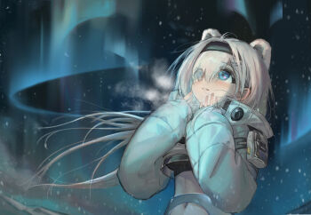 Rule 34 | 1girl, animal ears, arknights, aurora, aurora (arknights), bear ears, black thighhighs, blue eyes, breasts, cleavage, cleavage cutout, clothing cutout, crop top, cropped jacket, eyes visible through hair, gloves, hair over one eye, hairband, head tilt, highres, jacket, kirihara aki, large breasts, long hair, long sleeves, looking at viewer, looking up, midriff, pouch, sky, solo, standing, star (sky), thighhighs, very long hair, white hair, white jacket