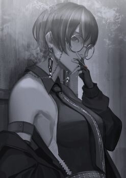 1girl absurdres against_wall arm_belt bare_shoulders belt breasts chain chain_earrings cigarette collared_shirt commentary_request commission doloyume eyewear_strap glasses greyscale highres holding holding_cigarette jacket jacket_partially_removed large_breasts looking_at_viewer looking_to_the_side mole mole_under_eye monochrome necktie original parted_lips pixiv_commission profile round_eyewear shirt short_hair sleeveless sleeveless_shirt smoke smoking solo spot_color studded_belt upper_body zipper