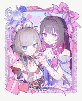 Rule 34 | 2girls, bare shoulders, black collar, black hair, black sleeves, blue eyes, blush, bonnet, bow, box, breasts, brown hair, candy, chocolate, closed eyes, collar, columbina (genshin impact), detached collar, detached sleeves, dress, feeding, flower, food, frills, gem, genshin impact, gift, gift box, hair ornament, hashtag-only commentary, head wings, headdress, heart, highres, holding, holding chocolate, holding food, long hair, long sidelocks, long sleeves, luonnotar (genshin impact), multicolored hair, multiple girls, multiple wings, open mouth, picture frame, purple flower, purple hair, purple rose, purple streaks, red gem, ribbon, rose, sandrone (genshin impact), short hair with long locks, sidelocks, smile, streaked hair, symzae, two-tone hair, valentine, very long hair, white dress, white headdress, white ribbon, white wings, wing hair ornament, wings, wrist bow, wrist ribbon, yuri