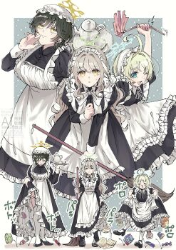 >_< 3girls ahoge alternate_costume apron black_shirt black_shoes blue_archive blue_eyes broom candy clothes_lift commentary_request food fuyu_(blue_archive) green_hair hair_between_eyes hair_intakes hair_ribbon highres holding holding_broom holding_teapot long_hair looking_at_viewer maid maid_headdress medium_hair miinu_(melenas) miyo_(blue_archive) multiple_girls one_eye_closed open_mouth pantyhose paper ribbon ritsu_(blue_archive) shampoo shirt shoes smile tape teapot white_apron white_pantyhose white_ribbon yellow_eyes