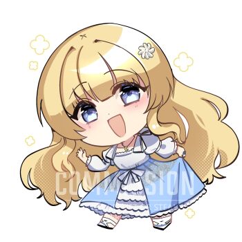 1girl :d blonde_hair blue_dress blue_eyes chibi chibi_only commentary commission crescent crescent_necklace dress english_commentary frilled_dress frills full_body hair_ornament highres jewelry long_hair long_sleeves looking_at_viewer necklace open_mouth original ryuuxin simple_background smile solo two-tone_dress watermark white_background white_dress