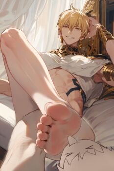 1boy barefoot blonde_hair bottomless crossed_legs earrings fate/grand_order fate_(series) feet foot_focus gilgamesh gilgamesh_(caster)_(fate) gilgamesh_(fate) jewelry linklink1 male_focus short_hair sitting smile solo