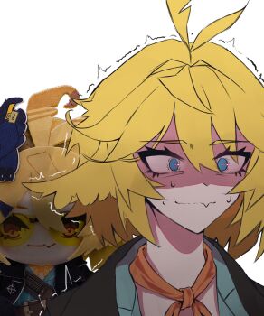 Rule 34 | 1girl, absurdres, black jacket, blonde hair, blue eyes, blue shirt, character doll, constricted pupils, dokibird, dokibird (bounty hunter), doll, fang, feather hair, head wings, highres, indie virtual youtuber, jacket, medium hair, meta, neckerchief, nervous sweating, orange neckerchief, semyonefirst, shirt, simple background, skin fang, spiked hair, sweat, trembling, upper body, very sweaty, virtual youtuber, white background, wide-eyed, wings