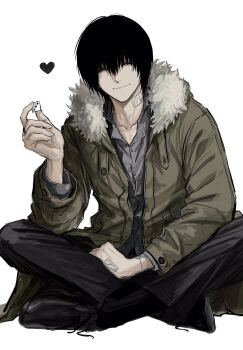 1boy black_footwear black_hair black_pants closed_eyes closed_mouth coat collarbone collared_shirt dice elbow_on_thigh full_body fur-trimmed_coat fur_trim green_coat grey_shirt hand_on_own_thigh hand_tattoo hand_up heart highres holding holding_dice indian_style jewelry male_focus nagumo_(sakamoto_days) neck_tattoo on_floor pants ring sakamoto_days shiny_footwear shirt short_hair simple_background sitting smile sso_s tattoo white_background