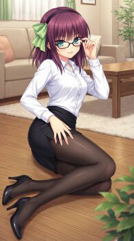 1girl absurdres angel_beats! aqua_eyes black_hairband black_pantyhose black_skirt breasts cap_(user_dxfj5558) commentary_request glasses hairband highres indoors living_room looking_at_viewer medium_breasts medium_hair miniskirt nakamura_yuri pantyhose pencil_skirt purple_hair shirt sitting skirt solo white_shirt yokozuwari