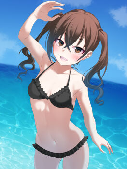 Rule 34 | 1girl, arm up, bikini, brown eyes, brown hair, cloud, highres, idolmaster, idolmaster cinderella girls, navel, okuri banto, sharp teeth, solo, sunazuka akira, swimsuit, teeth, twintails, water