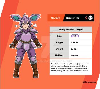 Rule 34 | 1girl, :t, animal ears, armor, artist name, boots, breastplate, character name, character profile, clenched hand, deviantart logo, deviantart username, english text, faulds, fingerless gloves, gen 1 pokemon, genderswap, genderswap (mtf), gloves, height, highres, huffing, nidoran, nidoran (male), nintendo, orange background, pants, pauldrons, personification, pink armor, pokedex number, pokemon, pokemon sword and shield, pout, purple hair, purple pants, purple shirt, red eyes, shirt, shoulder armor, solo, spiked gloves, taruyamame, venus symbol, weight