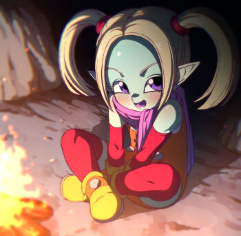 1girl blue_skin bodysuit bonfire colored_skin crossed_legs detached_sleeves dragon_ball dragon_ball_daima fire gloves grey_hair on_ground open_mouth orange_bodysuit pansy_(dragon_ball_daima) pointy_ears purple_eyes purple_scarf red_sleeves red_thighhighs rom_(20) scarf shoes sitting solo thighhighs twintails yellow_gloves yellow_shoes