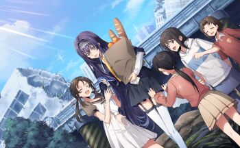 5girls artist_request black_capelet black_hair black_hairband black_jacket black_skirt black_vest blue_eyes capelet code_geass code_geass:_lost_stories collared_shirt cropped_jacket crossed_legs floating_hair full_body game_cg garter_straps hair_intakes hairband happy highres jacket lace-trimmed_hairband lace_trim layered_sleeves legs long_hair long_legs long_sleeves looking_at_viewer maya_disel miniskirt multiple_girls necktie non-web_source official_art open_clothes open_jacket open_mouth outstretched_arm pleated_skirt shirt sidelocks skirt smile split_mouth spread_fingers standing thighhighs very_long_hair vest watson_cross white_shirt white_thighhighs yellow_necktie zettai_ryouiki