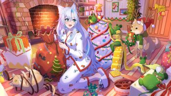 1girl absurdres animal_ears bell blue_eyes blue_hair box cat christmas christmas_wreath colored_inner_hair commentary door english_commentary fireplace fox_ears fox_girl fur-trimmed_headwear fur_trim gift gift_box green_scarf grey_hair hair_ornament hat highres indie_virtual_youtuber long_hair mariebell multicolored_hair nose_bubble pajamas pom_pom_(clothes) sack santa_hat scarf second-party_source shiba_inu slippers smug_alana snowflake_hair_ornament virtual_youtuber white_pajamas white_slippers wreath