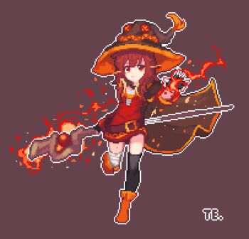 1girl bandaged_leg bandages black_hat black_thighhighs brown_background brown_cape brown_hair cape commentary_request dress fire full_body hat holding kono_subarashii_sekai_ni_shukufuku_wo! korean_commentary looking_at_viewer lowres magic medium_hair megumin orange_eyes outline pixel_art pyrokinesis red_dress short_dress signature simple_background single_thighhigh solo standing standing_on_one_leg terishe thighhighs white_outline