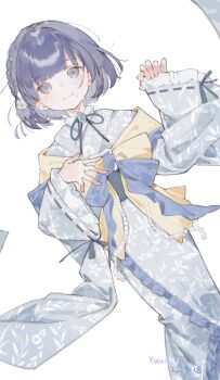 1girl blue_eyes blue_hair blue_kimono braid dutch_angle frilled_kimono frilled_sleeves frills furisode_sleeves gakuen_idolmaster hataya_misuzu highres idolmaster japanese_clothes kimono looking_at_viewer short_hair side_braid simple_background smile solo white_background yukata yuuinai