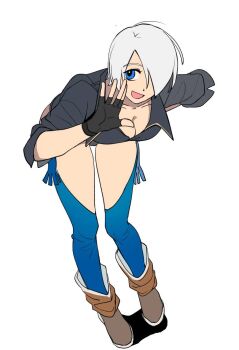 Rule 34 | 1girl, amo brief, angel (kof), blue eyes, boots, breasts, curvy, female focus, huge breasts, jacket, large breasts, leather, looking at viewer, pale skin, panties, short hair, smile, smiley face, standing, the king of fighters, thick thighs, thighs, underwear, white hair, wide hips