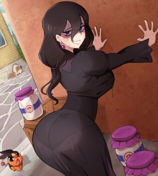 1girl @_@ alternate_breast_size_(larger) ass ass_focus bags_under_eyes black_hair bottle breast_milk_in_container breasts commentary dress english_commentary from_behind gen_2_pokemon gen_5_pokemon hair_between_eyes hentaly hex_maniac_(pokemon) hex_maniac_(pokemon_legends:_z-a) highres huge_ass lactation lactation_through_clothes large_breasts long_hair looking_at_viewer looking_back milk_bottle moomoo_milk nintendo panties_visible_through_clothes pantylines pokemon pokemon_legends:_z-a taut_clothes taut_dress tepig tight_clothes tight_dress typhlosion