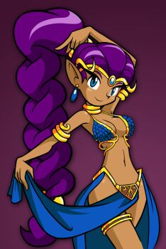 Rule 34 | 1girl, alternate costume, alternate hairstyle, armor, bikini armor, blue eyes, braid, breasts, cleavage, dancer, dancer shantae, dark-skinned female, dark skin, earrings, eyelashes, female focus, forehead jewel, head tilt, jewelry, loincloth, long hair, lots of jewelry, matt bozon, medium breasts, midriff, narrow waist, navel, neck ring, official art, pelvic curtain, pointy ears, ponytail, purple background, purple hair, shantae, shantae: risky's revenge, shantae (series), showgirl skirt, simple background, single braid, smile, solo, strap gap, tiara, very long hair, wayforward