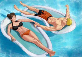 amenoosa blonde_hair bra breasts brown_hair naruto_(series) naruto_shippuuden pool short_hair swimsuit tenten_(naruto) underwear uzumaki_naruto