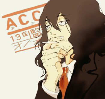 1boy acca_13-ku_kansatsu-ka aizawa_shota beard_stubble black_hair black_jacket bloodshot_eyes boku_no_hero_academia collared_shirt facial_hair hand_up huashengjiang233 jacket lapels long_hair mustache_stubble necktie notched_lapels red_necktie shirt solo stubble white_shirt