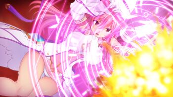 1girl breasts casting_spell cleavage_cutout clothing_cutout detached_sleeves dress dutch_angle elbow_gloves en_ciel_rena en_ciel_rena_(magius) firing game_cg gloves gluteal_fold hair_between_eyes kourin_tenshi_en_ciel_rena large_breasts large_variant_set long_hair looking_at_viewer magic magic_circle magical_girl non-web_source official_art open_mouth panties pantyshot pink_hair red_eyes saitou_natsuki solo suhamaya thigh_gap tomoe_rena underwear variant_set white_gloves white_panties
