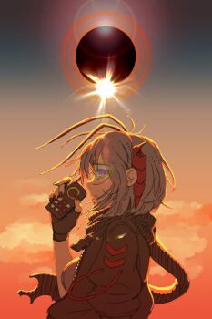 1girl absurdres antenna_hair arknights black_scarf breasts commentary controller demon_girl demon_horns detonator english_commentary grey_hair highres holding holding_remote_control horns kawa_(trilinterme) large_breasts red_horns remote_control scarf solo upper_body w_(arknights)