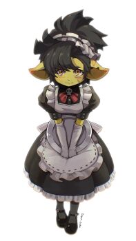 1girl 2024 absurdres artist_name black_hair black_shoes blush breasts colored_skin elbow_gloves fang female_goblin full_body gloves goblin green_skin highres holding holding_plate large_ears long_hair looking_at_viewer maid maid_headdress monster_girl orange_eyes original plate ponytail scar scar_on_face shoes simple_background small_breasts solo tenescross watermark white_background