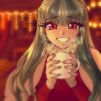 Rule 34 | 1girl, :d, alternate eye color, alternate skin color, blanket, blue hair, blurry, blurry background, commentary, cup, english commentary, eyelashes, grey hair, grin, hair over shoulder, hands up, holding, holding cup, indoors, long hair, long sleeves, looking at viewer, multicolored hair, my little pony, my little pony: equestria girls, my little pony: friendship is magic, nail polish, open mouth, orange nails, raised eyebrows, red background, red eyes, red shirt, redrawn, riley av, shirt, sidelocks, simple background, smile, solo, sonata dusk, sonata dusk (human), steam, straight-on, streaked hair, thick eyelashes, two-tone hair, under covers, upper body, v-bangs, very long hair