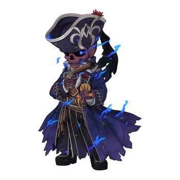 1boy antique_firearm belt bicorne black_boots blue_coat blue_eyes blue_hat boots brown_belt captain_of_ghost_ship chibi chibi_only coat firearm firelock flintlock full_body gun handgun hat holding holding_gun holding_weapon long_sleeves looking_at_viewer male_focus official_art open_clothes open_coat open_mouth pirate ragnarok_online simple_background skeleton skull solo standing transparent_background undead weapon yuichirou