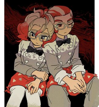 0pkmn 1boy 1girl averting_eyes black_bow black_bowtie bow bowtie expressionless feet_out_of_frame glasses gradient_hair grey_pants griselle_(pokemon) grisham_(pokemon) hair_pulled_back hand_on_own_arm highres jewelry leaning_on_person lower_eyelashes_only multicolored_hair nintendo one_eye_closed own_hands_together pants pillarboxed pokemon pokemon_legends:_z-a ponytail red_eyes red_hair ring sitting split_ponytail thick_eyebrows two-tone_hair wavy_hair white-framed_eyewear white_pants