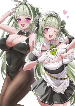2girls absurdres ascot black_bow black_bowtie black_leotard black_skirt blush bow bowtie breasts chest_belt cleavage covered_navel detached_collar gloves goddess_of_victory:_nikke green_ascot green_hair hair_bun hair_ornament hairclip heart heart_hands highleg highleg_leotard highres large_breasts leotard looking_at_viewer maid multiple_girls multiple_persona open_mouth playboy_bunny puffy_short_sleeves puffy_sleeves purple_eyes shirt short_sleeves shupita simple_background skirt smile soda_(nikke) soda_(twinkling_bunny)_(nikke) traditional_bowtie white_background white_gloves white_shirt