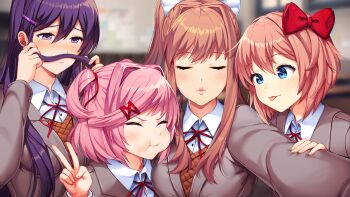 4girls :3 :t ^_^ averting_eyes blazer blue_eyes blurry blurry_background blush bow breasts brown_hair brown_sweater_vest button_gap classroom closed_eyes closed_mouth collared_shirt commentary cross-eyed doki_doki_literature_club doki_doki_literature_club doki_doki_literature_club_school_uniform dot_nose double-parted_bangs dress_shirt embarrassed english_commentary eyebrows_hidden_by_hair fingernails furrowed_brow game_cg grey_jacket group_picture hair_bow hair_intakes hair_mustache hair_ornament hair_ribbon hairclip half-closed_eyes hand_on_another's_arm high_ponytail highres holding holding_another's_arm holding_own_hair impossible_clothes jacket large_bow large_breasts leaning_forward leaning_on_person long_eyelashes long_hair long_sidelocks long_sleeves looking_at_viewer lucidsky medium_breasts monika_(doki_doki_literature_club) multiple_girls natsuki_(doki_doki_literature_club) neck_ribbon non-web_source official_art outstretched_arm parted_bangs parted_hair pink_hair ponytail portrait puckered_lips puffy_cheeks purple_eyes purple_hair raised_eyebrows raised_inner_eyebrows red_bow red_ribbon ribbon satchely sayori_(doki_doki_literature_club) school school_uniform selfie shirt short_hair shy side-by-side sidelocks smile squchan sweater_vest swept_bangs thick_eyebrows tongue tongue_out two_side_up upper_body v v-neck v-shaped_eyebrows wavy_hair white_bow white_shirt wide-eyed wing_collar x_hair_ornament yuri_(doki_doki_literature_club)