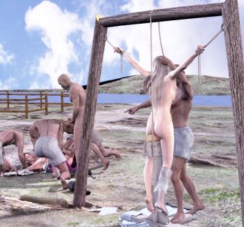 2girls 3d barefoot bdsm blood bondage bound feet group_sex humiliation multiple_girls nipples nude outdoors public_indecency rape realistic rope sex soles suspension topless_female torn_clothes torture wooden_horse