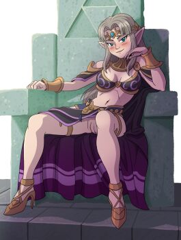 1girl abel_hagen adapted_costume alternate_color alternate_costume anklet arm_rest arm_support bare_legs belly black_bra black_cape blue_eyes blue_gem blunt_bangs blush bra bracer breasts cape chair circlet cleavage closed_mouth clothing_aside commission cosplay curtained_hair dark_mage_(fire_emblem_awakening) eyelashes fingernails fire_emblem fire_emblem_awakening gem gold_anklet gold_bracer gold_circlet gold_thighlet gold_trim gradient_cape grey_hair hair_between_eyes half-closed_eyes head_rest high_heels highres jewelry large_breasts leaning_to_the_side lips long_hair looking_at_viewer medium_breasts midriff navel nintendo no_panties official_alternate_color on_chair parted_bangs pelvic_curtain pelvic_curtain_aside pointy_ears princess_zelda purple_cape purple_streaks purple_trim pussy shendyt sidelocks sitting sitting_on_throne smile solo spread_legs stomach super_smash_bros. the_legend_of_zelda the_legend_of_zelda:_a_link_between_worlds the_legend_of_zelda:_a_link_to_the_past thighlet thighs throne transparent_background triforce uncensored underwear usekh_collar