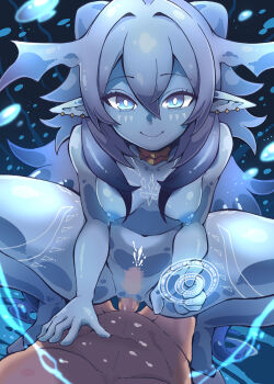 Rule 34 | 1girl, blue eyes, blue hair, blue skin, breasts, collarbone, colored skin, completely nude, cowgirl position, cum, cum in pussy, dominus impulse, duel monster, es (eisis), girl on top, hair between eyes, head wings, hetero, highres, long hair, nipples, nude, penis, pointy ears, sex, small breasts, spread legs, squatting cowgirl position, straddling, vaginal, wings, yu-gi-oh!