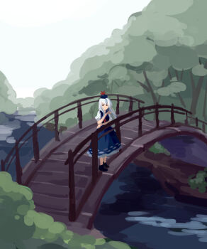 black_shoes blue_dress blue_hat bridge bush closed_mouth dress dress_ribbon frilled_dress frills furahata_gen hair_between_eyes hat hat_ornament highres kamishirasawa_keine long_hair red_eyes red_ribbon ribbon river shirt shoes short_sleeves sleeve_cuffs touhou tree water white_hair white_shirt