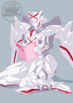 Rule 34 | 1girl, absurdres, blush, book, breasts, highres, holding, holding book, mecha, mechanical wings, no.1 sentai gozyuger, otokamu, purple eyes, queen tegajune, robot, solo, solo focus, super sentai, tokusatsu, wings